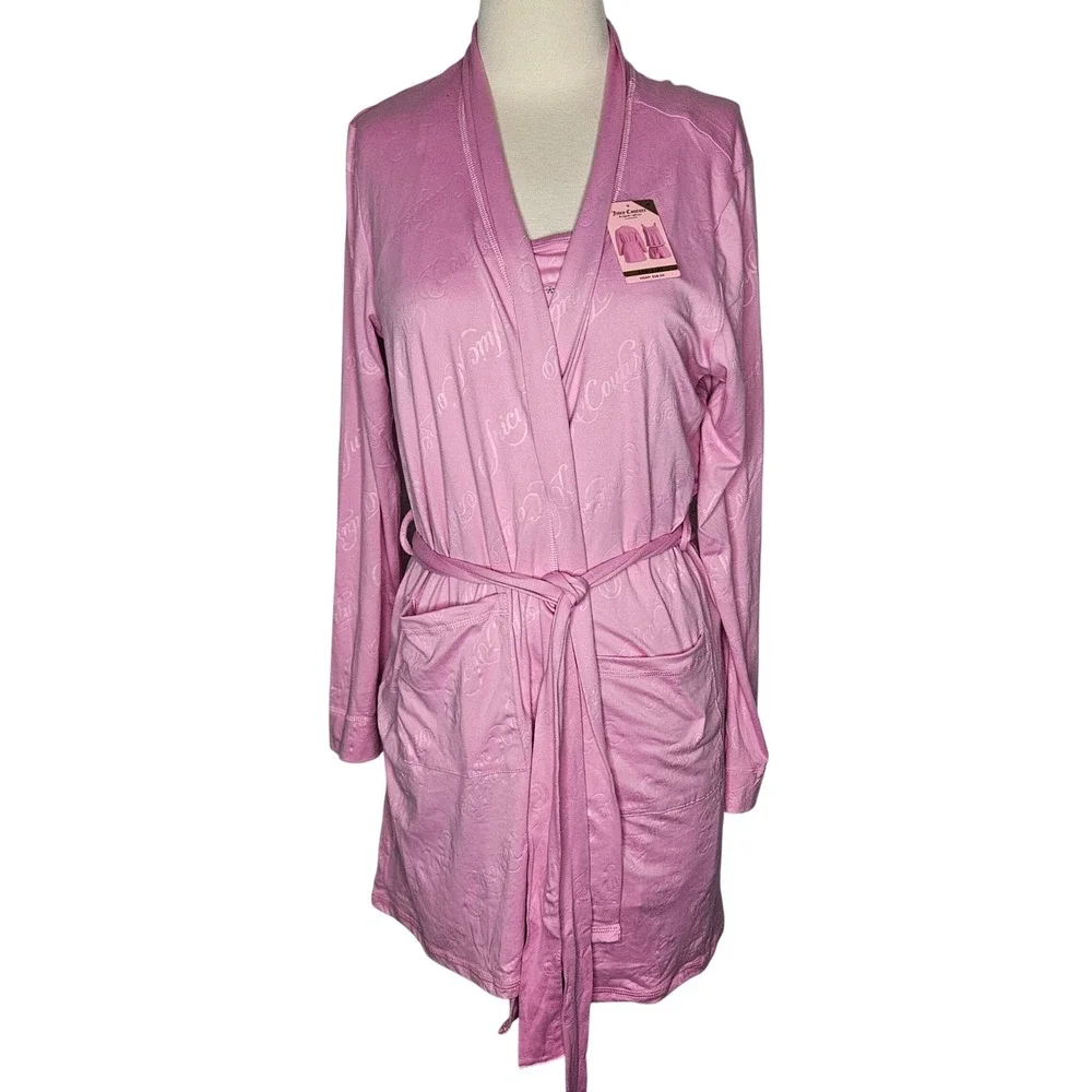 Juicy Couture Womens 3pc Pajama Set Pink Robe Cami‎ Shorts Rhinestone Logo M NEW